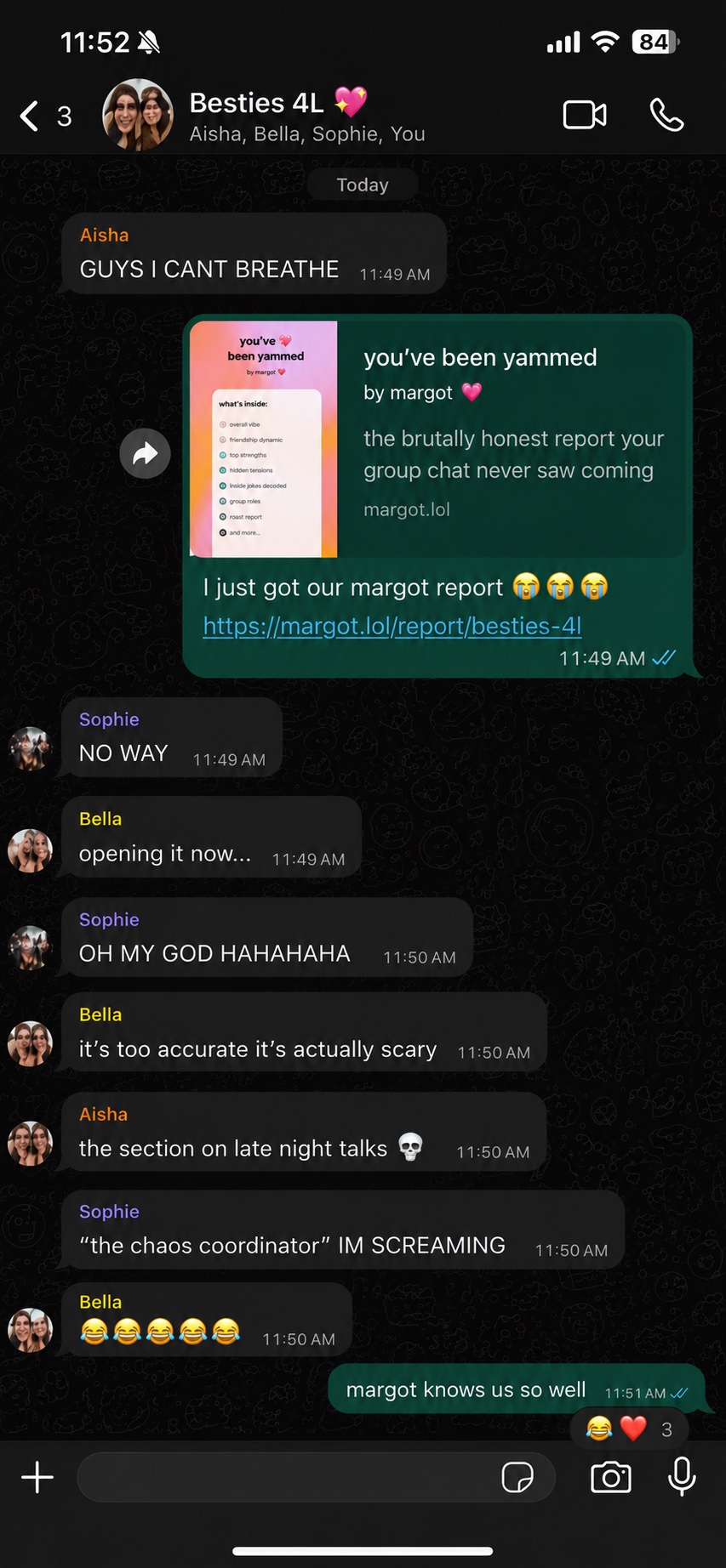 The Besties 4L group chat reacting to Margot